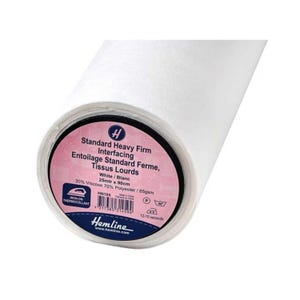 May include: White roll of Standard Heavy Firm interfacing fabric. The label reads "Standard Heavy Firm Interfacing, Entoilage Standard Ferme, Tissus Lourds, White/Blanc, 25mtr x 90cm, 30% Viscose 70% Polyester/65gsm, HN105, Iron-on Thermocollant, Hemline, www.hemline.com, 12-15 seconds".
