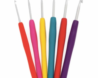 May include: Set of six colourful crochet hooks with silver hooks. The hooks are red, pink, yellow, teal, red, and purple.