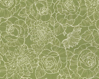 May include: A seamless pattern featuring white floral outlines on a muted green background. The design includes roses, dahlias, and other stylized flowers and leaves, creating a botanical theme. The pattern is suitable for fabric or wallpaper.