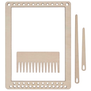 May include: A wooden weaving loom kit. It includes a rectangular frame with holes, a comb, and two pointed tools. The frame is light brown. The comb has evenly spaced teeth. The tools are light brown.