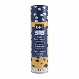 May include: A blue and yellow can of Odif 5.5 temporary adhesive for fabric. The can has a black and white geometric pattern on the top and bottom.