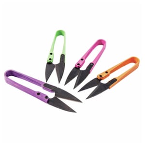 May include: Four thread snips in various colours: purple, green, pink, and orange. Each has black blades attached to the handles with rivets. These small scissors are designed for cutting threads and fine fabrics. The blades are made of metal.
