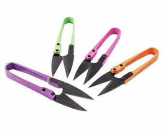 May include: Four colorful thread snips with black blades. The handles are in shades of purple, green, pink, and orange. The blades are made of metal and are attached to the handles with small rivets. These snips are used for cutting threads and small fabrics.
