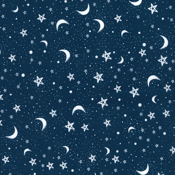 Tissu polycoton bleu marine lune et étoiles