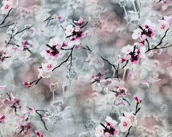 Tejido de viscosa con estampado floral gris