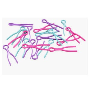 May include: A set of 20 colourful hair ties in pink, blue, and purple. The hair ties are made of a flexible, rubber-like material and are designed to hold hair in place.