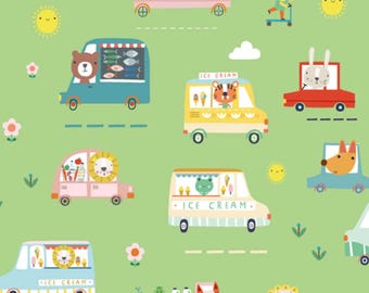 Groene katoenen stof Ice Cream Vans Summer Fun - Dashwood Studio