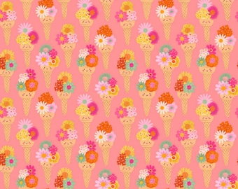 Katoenen stof koraalkleurige bloemen ijshoorntjes - Dashwood Studio