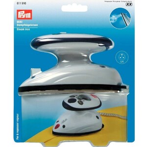 May include: A white mini steam iron with a black base and a UK plug. The iron is on a yellow surface and the packaging has the text "Fym MINI Dampfbügeleisen Steam Iron" on it.