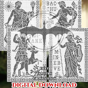 Greek Gods Pattern Set: Apollo, Diana, Minerva, Bacchus Filet Crochet Cross Stitch (Digital Download)