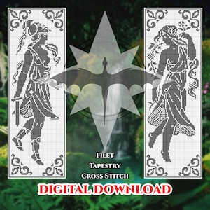 May include: A digital pattern for filet tapestry and cross stitch featuring two rectangular panels with black and white grid designs of classical figures. The text reads Filet Tapestry Cross Stitch Digital Download.