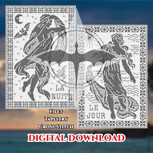 May include: A black and white cross stitch pattern featuring two rectangular designs. One depicts a figure with a bat and moon labeled LA NUIT, the other a figure with a sun labeled LE JOUR. The text reads FILET TAPESTRY CROSS STITCH DIGITAL DOWNLOAD.