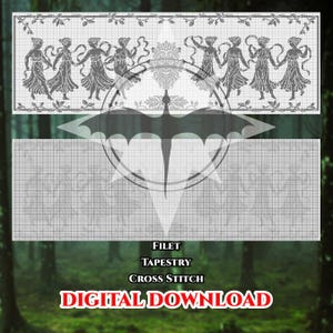 May include: A digital pattern for filet tapestry and cross stitch featuring a grid design with two rows of dancing figures in flowing dresses, separated by a central ornate emblem. The text reads Filet Tapestry Cross Stitch Digital Download.