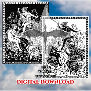 Op de afbeelding: Digitaal downloadbaar kruissteekpatroon met een zwart-wit illustratie van klassieke figuren met pijl en boog, omringd door wolken. Het ontwerp is omlijst met een decoratieve rand. De tekst bevat "Filet Tapestry Cross Stitch".