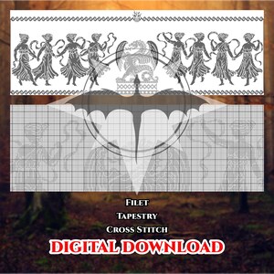 Puede incluir: Un patrón digital para tapiz de filet y punto de cruz con un borde repetitivo de figuras danzantes en negro sobre fondo blanco, un emblema de dragón central y una cuadrícula. El texto dice Filet Tapestry Cross Stitch DIGITAL DOWNLOAD.