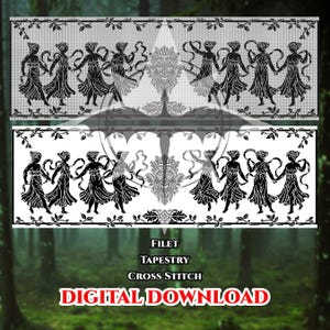 May include: Black and white digital download featuring a filet tapestry and cross-stitch design. The design includes a repeating pattern of figures holding hands, with a central decorative element and the text "FILET TAPESTRY CROSS STITCH DIGITAL DOWNLOAD".