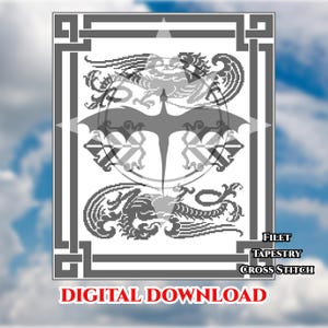 May include: A digital pattern for filet tapestry cross stitch featuring a central dragon silhouette within a circle, flanked by two mythical creatures, all enclosed in a geometric border. The text reads Filet Tapestry Cross Stitch and Digital Download.