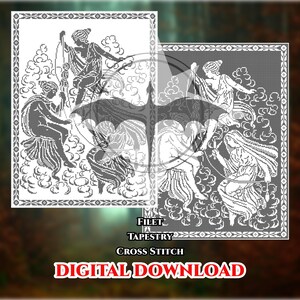 Könnte beinhalten: Ein schwarz-weißes digitales Muster für Filet-Stickerei und Kreuzstich mit klassischen Figuren inmitten von Wolken in einem dekorativen Rahmen. Das Bild enthält den Text Filet Tapestry Cross Stitch Digital Download.