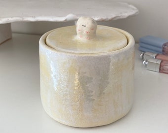 Pottery jar with lid, Ceramic container, Cute bear jewelry box