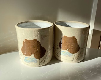 Bear ceramic tumbler, Stoneware mug, Pottery mug