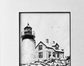 Prospect Harbor Lighthouse, Pen and Ink, Giclee Print, Maine Lighthouse, Nautical Wall Art, Coastal Maine, Illustration, Photorealism