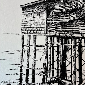 Lobster Shack, Wooden Lobster Crates, Nautical Wall Art, Coastal Maine Pen and Ink, Giclee Print, Fishing Pier
