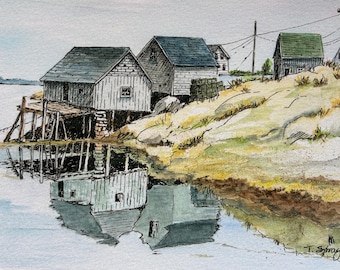 Fishing Shacks Watercolor, Peggy’s Cove, Nova Scotia, Canada, Pen & Ink