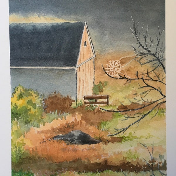 Watercolor, giclee print, old barn, shed, architecture, morning, dawn, Teresa Sprague