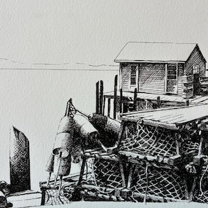 Lobster Buoys and Traps, Lobster Shack, Pen and Ink Illustration, Fishing Pier, Giclee Print