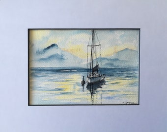 Sailboat, Nautical Wall Art, Watercolor, Pen and Ink, Coastal Scene, Home Decor, Oceanscape Painting