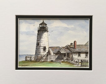 Pemaquid Point Lighthouse Print, Coastal Wall Art, Pemaquid Point, Maine, Giclee Print, Pen and Ink, Watercolor Wash, Nautical