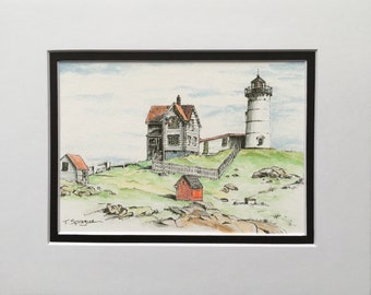 Cape Neddick Light|Nubble Light, Maine Lighthouse Wall Art, Giclee print, Watercolor, Pen & Ink, Maine Art