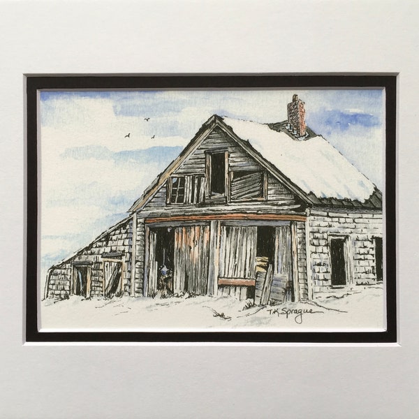 Old Barn, Landscape Wall Art, Shed In Snow, Maine, Giclee Print, Watercolor, Pen and Ink