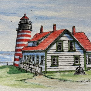 West Quoddy Head Light, Lubec, Maine, Giclee print, Watercolor and Pen and Ink, Coastal Wall Art