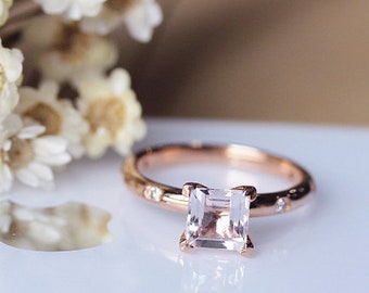 Natural Morganite Ring, 6.5mm Princess Cut Light Pink Gemstone Engagement Ring, Wedding Ring, 14K Rose Gold Bridal Ring, Promise Ring