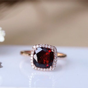 Birthday Gift For January! 8mm Cushion Cut Natural Garnet Engagement Ring, 14K Rose Gold Wedding Ring, Diamond Halo Ring