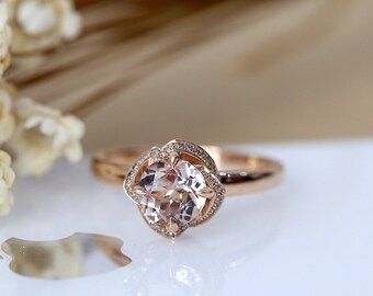 Unique Floral Design Round Cut Natural Morganite Engagement Ring, Diamond Halo Wedding Ring 14K Rose Gold Bridal Ring Promise Ring