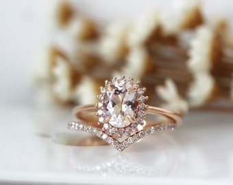 Unique Design, Floral Morganite Engagement Ring Set, 6*8mm Oval Cut Natural VS Morganite Ring Set, Diamond Halo 14K Rose Gold Wedding Ring