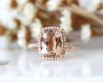 Rose Gold 7*9mm Cushion Cut Natural Pink Morganite Engagement Ring, Diamond Halo Anniversary Ring, Solitaire Ring, Wedding Ring, Bridal Ring
