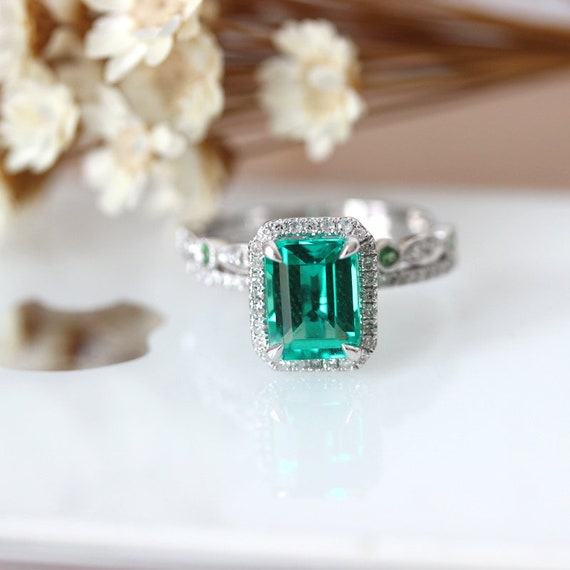 Lab Created Emerald Ring Set 68mm Emerald Cut Green Stone - Etsy