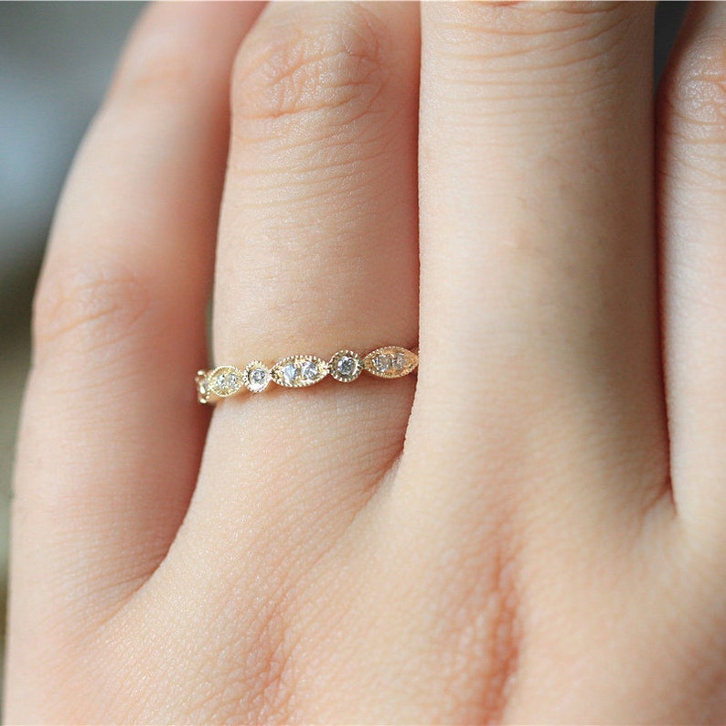 14K Yellow Gold Matching Band Art Deco Wedding Band Natural Diamond 34 Eternity Band Bridal Ring Gift For Anniversary