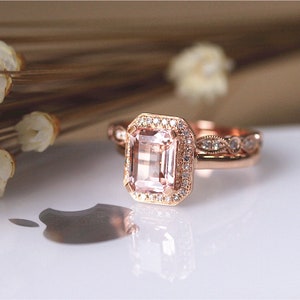 14K Rose Gold Engagement Ring Set, 6*8mm Emerald Cut Natural Pink Morganite Wedding Ring Set, Diamond Halo Bridal Ring Set, Anniversary Ring