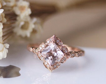 Vintage Design Natural Light Pink 7mm Princess Cut Morganite Engagement Ring, 14K Rose Gold Wedding Ring, Diamond Bridal Ring, Promise Ring
