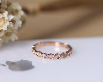 Art Deco Wedding Band, Natural Diamond Half Eternity Band, 14K Rose Gold Matching Band, Bridal Ring, Gift For Anniversary