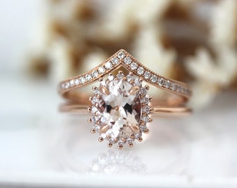 Unique Design, Floral Morganite Engagement Ring Set, 6*8mm Oval Cut Natural VS Morganite Ring Set, Diamond Halo 14K Rose Gold Wedding Ring