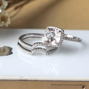 Large! 8mm Cushion Cut Pink VS Morganite Engagement Ring Set, Diamond Halo Ring Set, Wedding Bridal Promise Ring Set,14K White Gold Ring Set