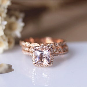 6.5mm Princess Cut Pink VS Morganite Engagement Ring Set, Diamond Halo Promise Ring Set, Wedding Ring Set, 14K Rose Gold  Bridal Ring Set