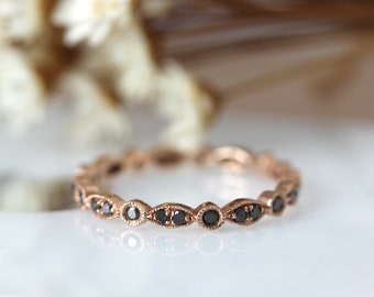 Art Deco Wedding Band, Natural Black Diamond Eternity Band, 14K Rose Gold Matching Band, Bridal Ring, Gift For Anniversary