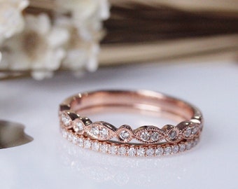 Art Deco Wedding Ring Set, Natural Diamond Half Eternity Band Set, 14K Rose Gold Matching Band Set, Bridal Ring Set, Gift For Anniversary