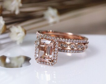 Emerald Cut Morganite Engagement Ring Set 14K Rose Gold - Etsy